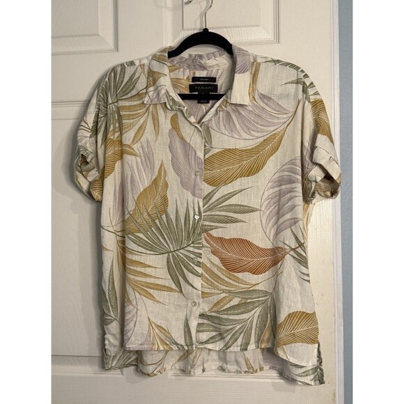 Tamari Womens Tropical High Low Linen Top Button Down Short Cuffed Sleeves Sz L - Picture 2 of 5